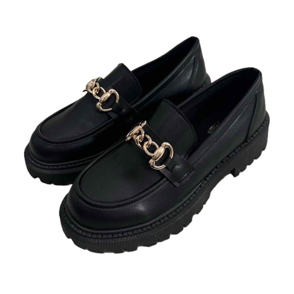 Lug Sole Loafers Black Gold Chain Embellished Chunky Sole Polished NWOT Size 40 - Picture 2 of 10